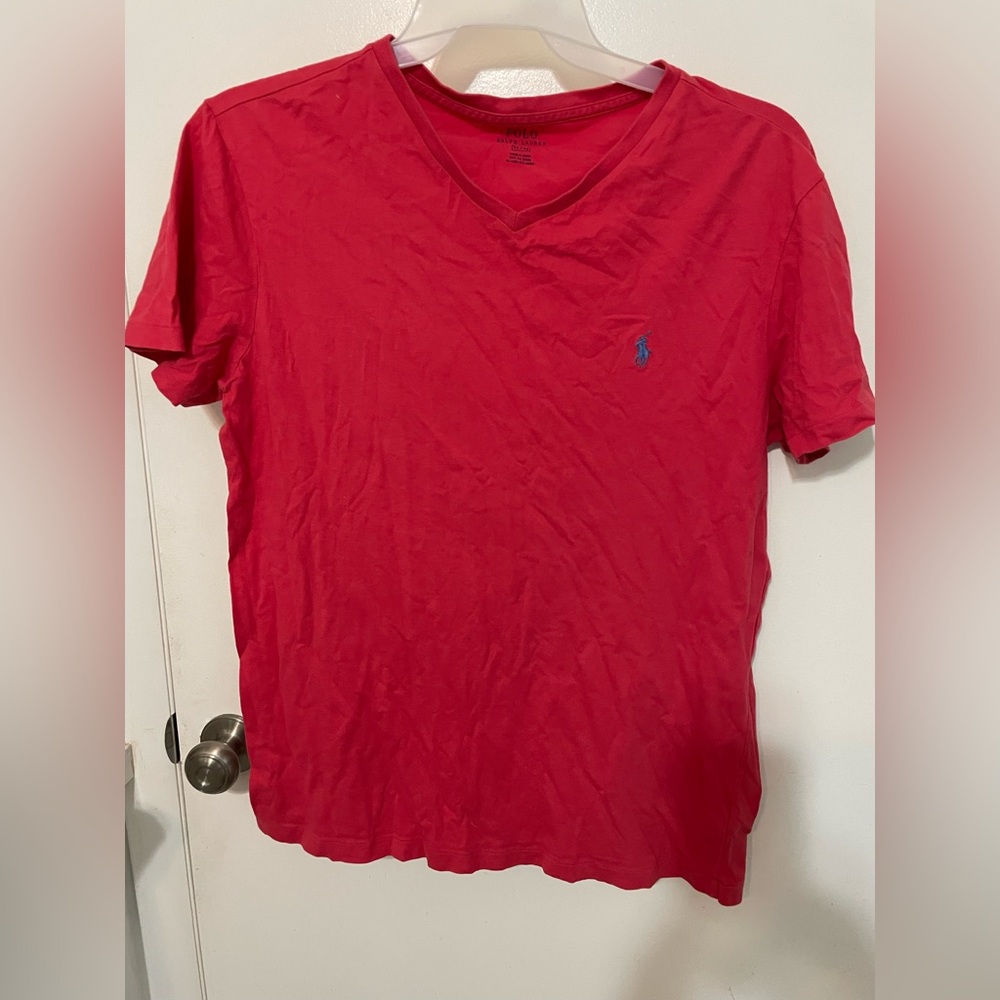 Polo Ralph Lauren Men’s V neck Red short sleeve T Shirt Embroidered Blue Pony M